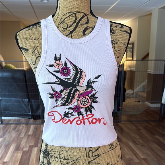 Fashion Nova Tops - Fashion Nova size medium tank with bird flowers and “devotion” written on it